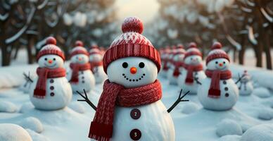 Winter holiday christmas background banner - Close-up of snowmen on snowy bokeh background - AI generated image photo