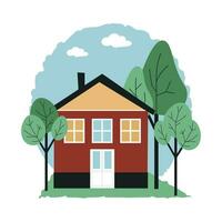 Small house, trees around. House in nature. European style. Vector illustration in flat style