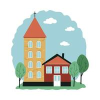 Church and a small house, trees around. Religious temple. European style. Vector illustration in flat style