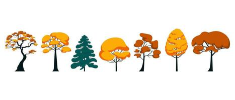 Set of different autumn trees pine and deciduous horizontal arrangement. Vector illustration of park yellow leaves and nature objects isolated on white