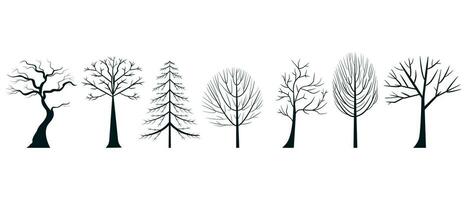 Silhouettes of trees without leaves. Bare winter trees of various species. Vector illustration of horizontally placed isolated objects