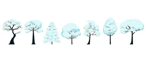 Silhouettes of snowy winter trees of various species. Vector illustration of horizontally placed isolated objects