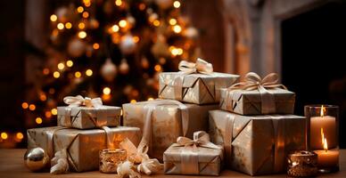 Beautiful Christmas gift box on bright bokeh background - AI generated image photo