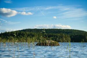 View of a lake in Smaland in Sweden. Blue water with light waves and reeds. Blue sky photo