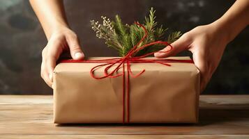 Hands Wrapping Christmas Gift with Red Ribbon and Greenery on Wooden Table photo