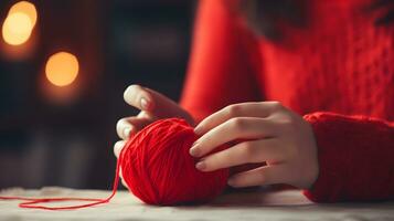 Hands Holding Red Yarn Ball in Cozy Setting with Warm Lighting photo