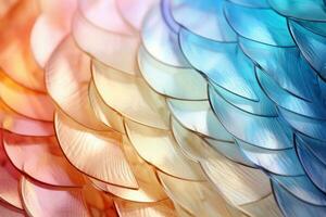 Extreme closeup of translucent texture resembling the natural scales of a fish in light colors. Abstract multicolored background. AI Generation photo