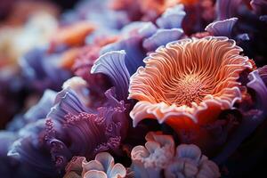 macro fotografía de vibrante coral formaciones, capturar su intrincado detalles y vívido colores. ai Generacion foto