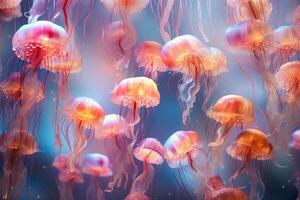 Big group of jellyfishes in gentle pastel colors floating underwater filling the entire frame  AI Generation photo