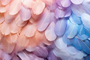 Extreme closeup pattern with colorful feathers in pastel colors. Abstract multicolored background. AI Generation photo