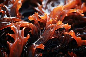 extremo de cerca de rojo algas demostración el textura de él. resumen antecedentes con macro mar vida. ai generado foto