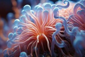 Closeup of single coral polyp, showcasing the mesmerizing patterns and textures within its translucent structure. AI Generation photo