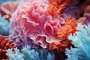 Extreme closeup of coral bushes with highly detailed and vivid colors. AI Generated photo