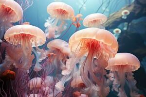 grande grupo de medusas en pastel colores flotante submarino relleno el todo marco. ai generado foto