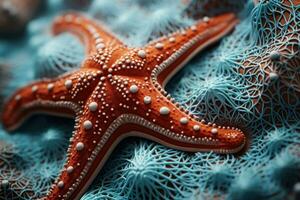 Macro of red sea star, highlighting the intricate textures and unique patterns on its surface. AI Generation photo