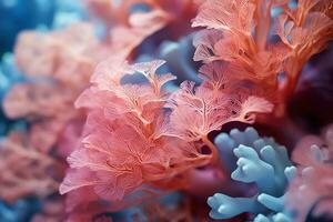 Extreme closeup of coral bushes showing the texture of it with highly detailed and vivid colors. AI Generation photo