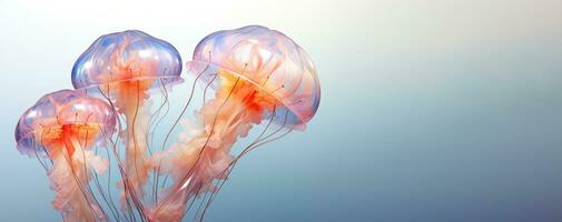 Group of grace jellyfishes in gentle pastel colors on light blue background with copy space.AI Generation photo