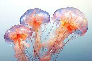 Group of grace jellyfishes in gentle pastel colors on light blue background. AI Generated photo