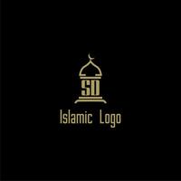 SD initial monogram for islamic logo with mosque icon design vector