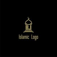 RJ initial monogram for islamic logo with mosque icon design vector