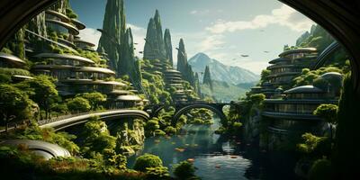 Futuristic green city architecture Generated by Artificial Intelligence photo