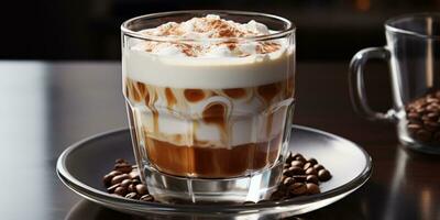 coffee in a transparent glass, a cup with milk foam Generated by Artificial Intelligence photo