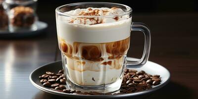 coffee in a transparent glass, a cup with milk foam Generated by Artificial Intelligence photo