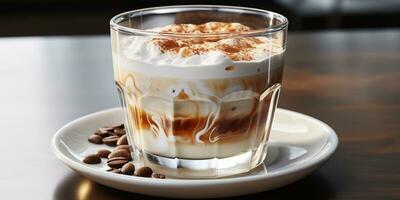 coffee in a transparent glass, a cup with milk foam Generated by Artificial Intelligence photo