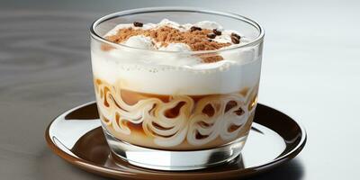 coffee in a transparent glass, a cup with milk foam Generated by Artificial Intelligence photo