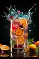 colorful cocktail with ice, fruit, splashes on a dark background Generated by Artificial Intelligence photo