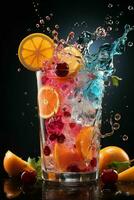 colorful cocktail with ice, fruit, splashes on a dark background Generated by Artificial Intelligence photo