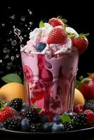 milkshake in a clear glass of fruit in the background with milk splashes and drops Generated by Artificial Intelligence photo