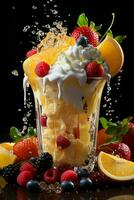 milkshake in a clear glass of fruit in the background with milk splashes and drops Generated by Artificial Intelligence photo