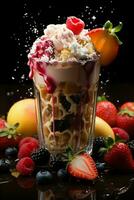 milkshake in a clear glass of fruit in the background with milk splashes and drops Generated by Artificial Intelligence photo