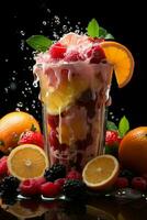 milkshake in a clear glass of fruit in the background with milk splashes and drops Generated by Artificial Intelligence photo