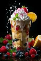 milkshake in a clear glass of fruit in the background with milk splashes and drops Generated by Artificial Intelligence photo