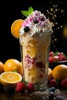 milkshake in a clear glass of fruit in the background with milk splashes and drops Generated by Artificial Intelligence photo