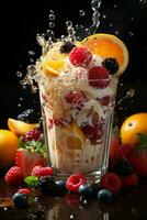 milkshake in a clear glass of fruit in the background with milk splashes and drops Generated by Artificial Intelligence photo