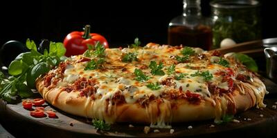 Pizza con extensión queso en un de madera mesa en un negro antecedentes generado por artificial inteligencia foto