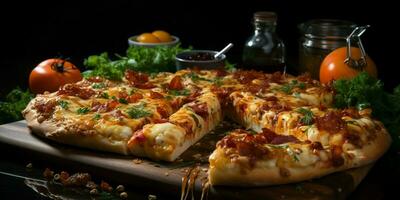 Pizza with stretching cheese on a wooden table on a black background Generated by Artificial Intelligence photo
