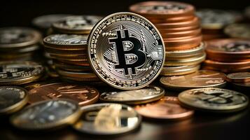 Bitcoins on the table, cryptocurrency background image, AI Generated photo