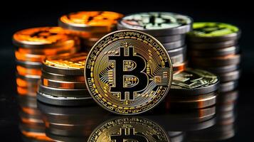 Bitcoins on the table, cryptocurrency background image, AI Generated photo