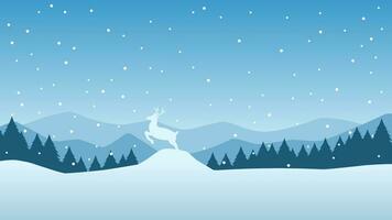 Winter landscape vector illustration. Winter silhouette with reindeer and pine forest at the snow hill. Silhouette of cold season for background, wallpaper or landing page