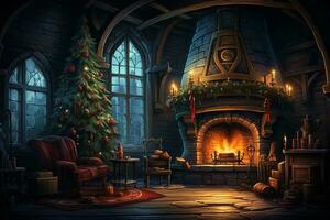 A Christmas scene with a fireplace and a Christmas tree, AI Generated photo