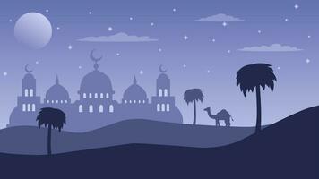 Ramadán paisaje vector ilustración. silueta de mezquita en el Desierto a noche para eid mubarak. Ramadán diseño gráfico en musulmán cultura y islam religión