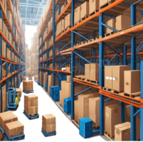 warehouse warehouse with shelves and boxes, ai generative png