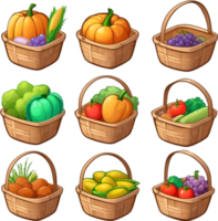 cartoon vegetables in baskets set, png illustration ai generative