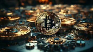 Bitcoins on the table, cryptocurrency background image, AI Generated photo