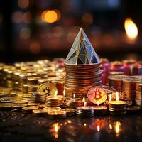 Bitcoins on the table, cryptocurrency background image, AI Generated photo
