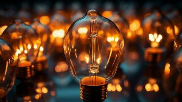 Glowing bulbs in the dark, AI Generated photo